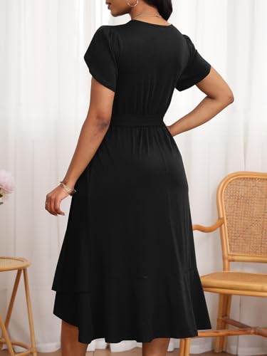 Image of PerZeal Women's Summer Dress Casual Ruffle Sleeve Crewneck A-Line Tiered Flowy Short Sleeve Long Dress with Belt