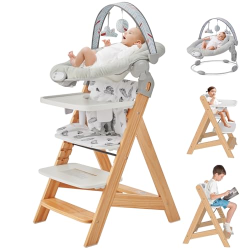 Image of Wooden High Chair with Baby Bouncer - Convertible Baby Highchair with Tray - Adjustable High Chair for Babies/Toddlers/6 Months - Water Resistant Natural Wood Yellow