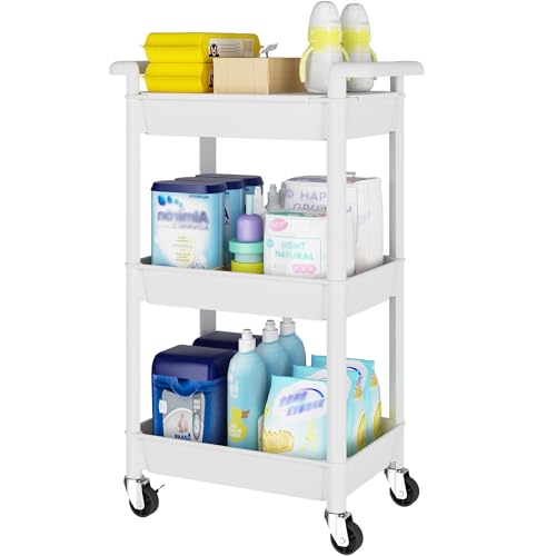 Steehoom 3-Tier Utility Rolling Cart with Cover Top Board, Mobile Utility Cart with Lockable Casters Multi-Functional Storage Trolley for Office, Bathroom, Kitchen, Garden, Laundry Room (White)