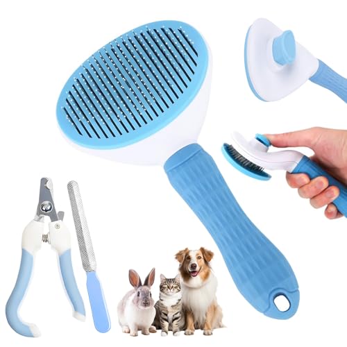 Aglads 3PCS Cat Rabbit Bunny Dog Grooming Kit Self-Cleaning Slicker Cat & Dog Brush for Shedding Fine-Needle Comb Pet Nail Clipper & File for Long/Short-Haired Pets Easy to Remove Loose (3 blue)