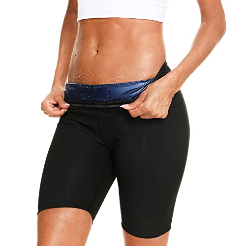 NANOOER Sauna Sweat Shorts for Women Slimming Yoga Pants Waist and Thighs Shaper Gym Exercise Workout Leggings(Blue, L)