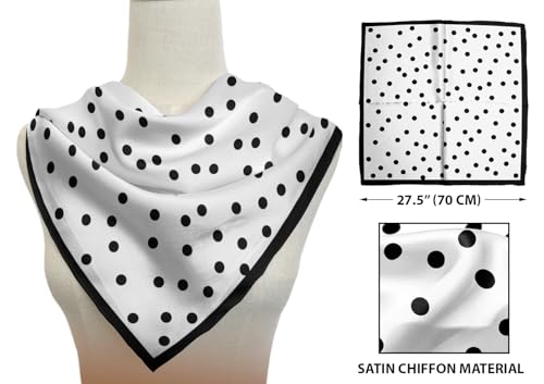 WIRESTER 27.5 Inch Fashion Hair Scarf, Medium Square Satin Head Scarf, Head Scarves, Neckerchief, Hair Bandana, Sleeping Wrap for Women - White Black Polka Dots2