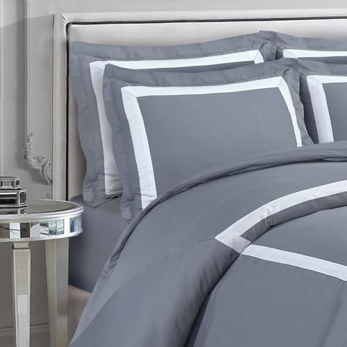 Majestic Giftware Madison Linen 8-Piece Twin Size Bedding Set (BL3-T-2) | Province Hotel Collection-Gray-White Tape 400 TC Cotton Sateen | 2 Fitted Sheets, 2 Duvets, 4 Pillowcases