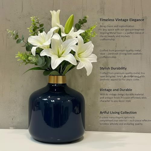 Image of Artful Living India - Round Metal Flower Vase | Round Vintage Vase for Living Room, Table, Office Decoration & Home Decor | Antique Decorative Metal Vase (Midnight Blue)