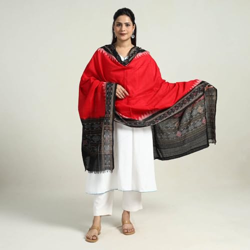 Image of Cotton Dupatta with weaving and Ikat woven border from the Weavers Stole for Girls & Women