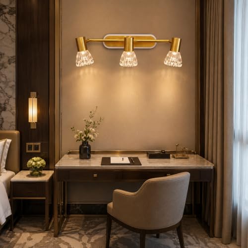 Image of TRIPPING 12W 3-in-1 LED Wall Lamp with 3 Adjustable Heads, Gold Metal Body and Crystal Shades, Warm White, Natural White & White Focus Light for Dressing Table, Mirror and Accent Walls, 50 x 15 x 7 cm