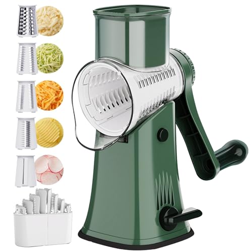 Rotary Cheese Grater: 5 in 1 Cheese Grater with Handle Vegetable Slicer with 5 Interchangeable Blades, Storage Box, Green Cheese Shredder with Strong Suction Base for Kitchen (Green)
