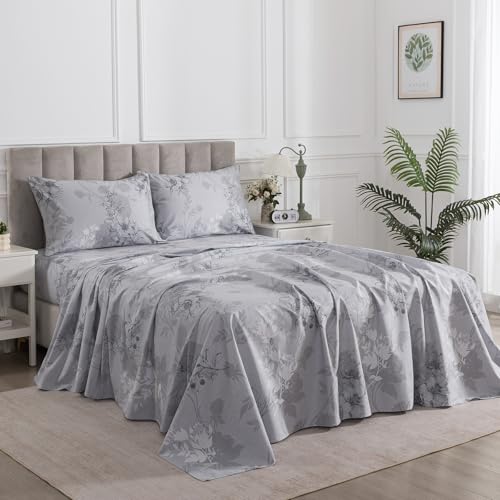 Image of Vintage Floral Bed Sheets Gray Percale California King Deep Pocket | 100% Cotton Soft Crisp Sheet Set 4Pcs, Aesthetic Patterned Farmhouse Sheets, Shabby Chic Bedding, Cottagecore, French Country