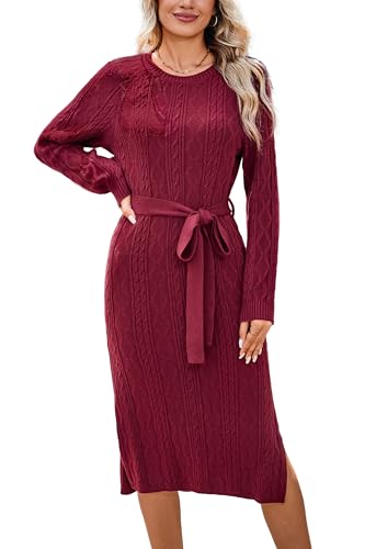 STYLEWORD Strickkleid Damen Langarm Pulloverkleid Schlitz Winterkleid Zopfmuster Midi Herbstkleid mit Gürtel(Rot,M)