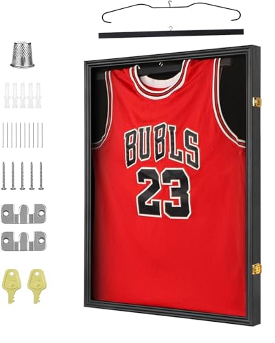 Homodoskey Jersey Frame Display Case, Large Clear Acrylic Shadow Box with UV Protection for Basketball Football Soccer Hockey shirts, Wall Mount Wooden Showcase, Idea Gift for Sports fans (Black)