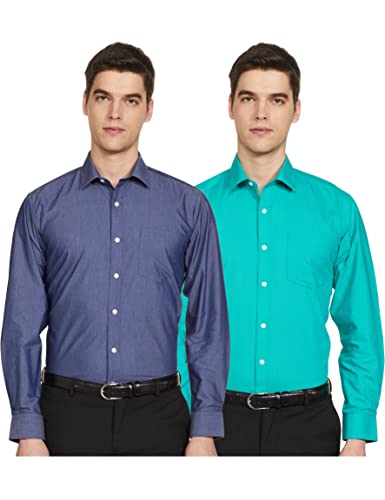Amazon Brand - Symbol Men's Cotton Formal Shirt | Casual | Plain | Full Sleeve | Combo Pack of 2 - Regular Fit (Available in Plus Size) (Navy&Teal Green_39)