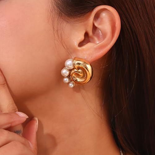 Chic & Chunky 18k Gold Plated Stainless Steel Earrings for Women - Stylish Hoop, Stud & Drop Designs with Pearls or Cubic Zirconia - Fashionable Accessories for All Occasions4