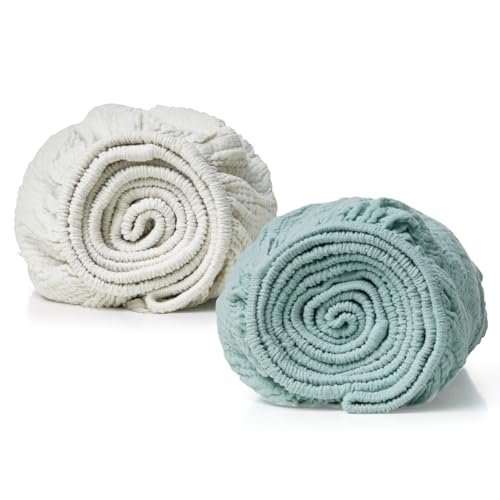 Image of Momcozy Muslin Fitted Bassinet Sheet, 2 Pack Soft Breathable Natural Cotton 32 inchx16 inch Baby Cradle Mattress Sheet, 360 Mattress Wrapping No Slip Boys Girls Neutral Bed Sheet, Small, Green & Grey