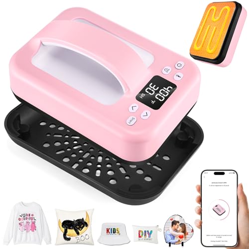 Smart Mini Smart Heat Press Machine for T Shirts - 7\"x5\" Portable Easy Press Heat Transfer Machine with Bluetooth for T-Shirts, Hats, Bags Vinyl Projects, Shirt Press Machine with Heat-Resistant Base
