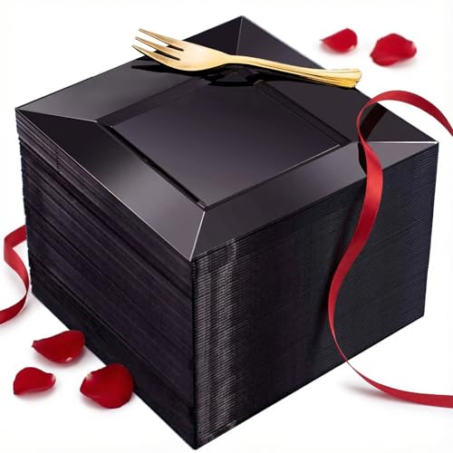 supernal 200pcs Black Dessert Plates with 100pcs Gold Dessert Forks,100pcsElegant Appetizer Salad Plastic Plates,Black Square Cake Plates for Party,Birthday, Wedding,Afternoon Tea