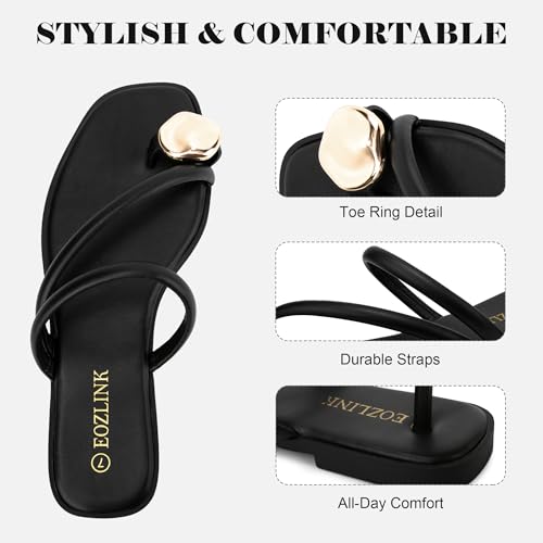 Image of Eozlink Women's Toe Ring Flat Sandals, Slip On Dressy Summer Slides | PU upper with square toe and metal accent for resort and casual outfits