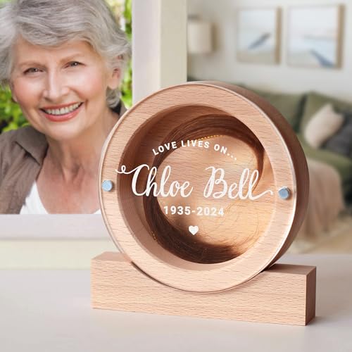 Image of Personalized Keepsake for Bereavement Gift, Lock of Hair Memorial, Sympathy Gift for Loss of Mother, Grandmother, Dad, Daughter, Son, Mom, Clear Lid (Light Wood Round)