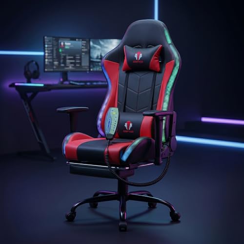Image of Raptor Nexus RGB Gaming Chair with Bluetooth Speakers, Massage Lumbar Support & Footrest | Ergonomic Gamer Chair with LED Lights | Recliner Computer Gaming Chair for PC, Office & Streaming (Red)