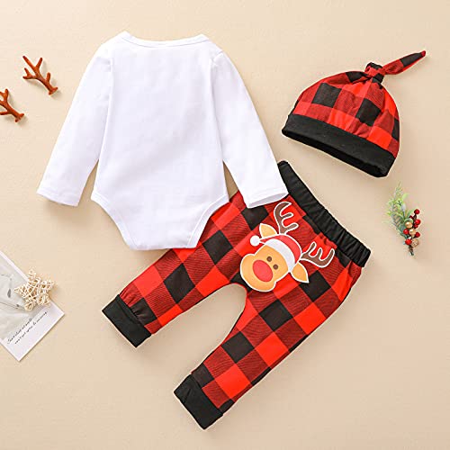 Verve Jelly 3Pcs Pasgeboren Baby Meisjes Jongens Mijn 1st Kerst Romper Vlinderdas Brief Print Bodysuit Plaid Lange Broek Hoed Kerst Outfits Set - Afbeelding 4