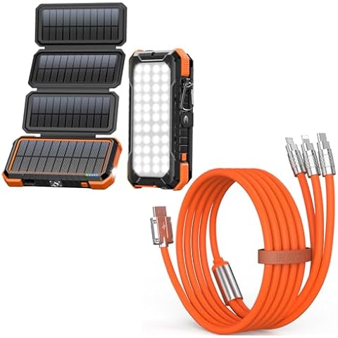 BLAVOR 20000mAh Solar Charger Power Bank PD 18W QC3.0 Fast Charging with 4 Foldable Panels Plus 3 in 1 Multi Charging Cable 4FT Cover