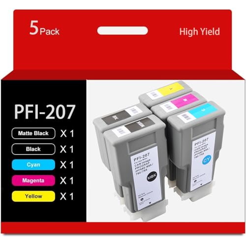 PFI-207 300ML Compatible for Canon PFI207 PFI-207MBK PFI-207BK PFI-207C PFI-207M PFI-207Y Ink Cartridge for imagePROGRAF IPF680 IPF685 IPF780 IPF785 5-Pack (Matte Black, Black Cyan Magenta Yellow)