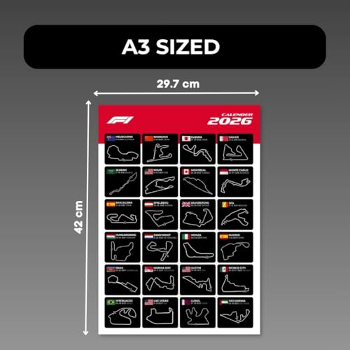 Image of F1 Calendar 2026 Poster | A3 Sized (42 x 29 cm) Formula 1 Race Poster | F1 Race-Calendar 2026 Posters for Wall | F1 Tracks Wall Decor | Monza, Monaco, Suzuka, Silverstone Track Room Decor Framed