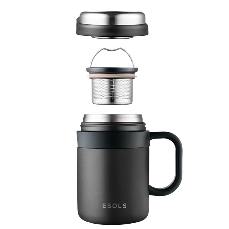 Travel Coffee Mug, Double-wall Stainless Steel Thermal Cup, Vacuum Insulated Thermos with Tea Infuser and Leak Proof Twist Lid, 500 ML (Black)