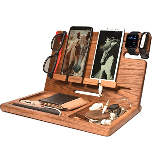 Barva Wood Docking Station Tray Two Cell Phone 2 Smartwatch Key Holder Men Charging Accessory Nightstand Father Mobile Gadget EDC Organizer Tablet Storage Dresser Anniversary Birthday Graduation Gift