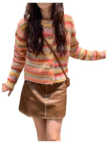 GORGLITTER Women's Striped Colorful Button Up Cardigan Sweater Trendy Fall Long Sleeve Crewneck Knitwear Tops