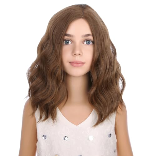 Image of PATTNIUM Kids Chocolate Brown Wig Child Light Brown Wig Short Bob Wavy Cury Wigs Girls Brown Hair Synthetic 12 inch Wigs with Wig Cap