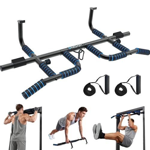 EPHESPORT 2026 Multifunctional Pull Up Bar for Doorway US Patented Design Foldable No Drilling or Slipping Multi-Grip Bar with Resistance Band Hooks Commercial Alloy Steel Large PVC Pads 440 lbs Capacity (Dark blue)