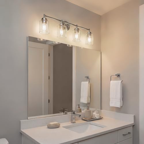 Image of Kichler Winslow 30 inch Vanity Light in Brushed Nickel, 4-Light Transitional Bathroom Light with Clear Seeded Glass. (30 inch W x 9.25 inch H), 45887NI