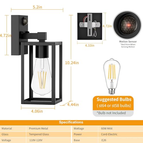 2 Pack Motion Sensor Outdoor Light Fixtures Wall Mount, H 10.24'' Small Front Porch Lights for House, Exterior Wall Sconce, Black Waterproof Lantern Lamp,Outside Coach Light for Garage Entryway Yard