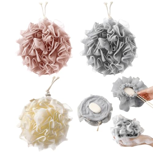 3 PCS Bar Soap Loofah Pouch New 2 in 1 Drawstring Loofah Soap Holder Exfoliation Mesh Shower Ball for Cleansing and Smooth Skin (Beige+Grey+Pink)