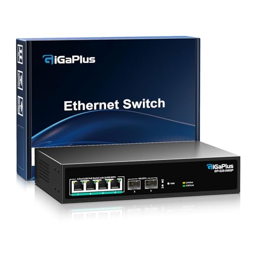 Image of 6 Port 2.5Gb Unmanaged PoE Switch with 4*2.5G Base-T PoE Ports, 2*10G SFP+ Uplink, 802.3af /at (PoE+), 60Gbps Switching Capacity, GigaPlus 2.5G PoE Switch for 2.5Gb NAS /PC, WiFi6 Router, Wireless AP