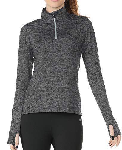 icyzone Workout Long Sleeve Shirts for Women - Yoga Running Tops Quarter Zip Pullover Exercise T-Shirts with Thumb Holes (XL, Charcoal)