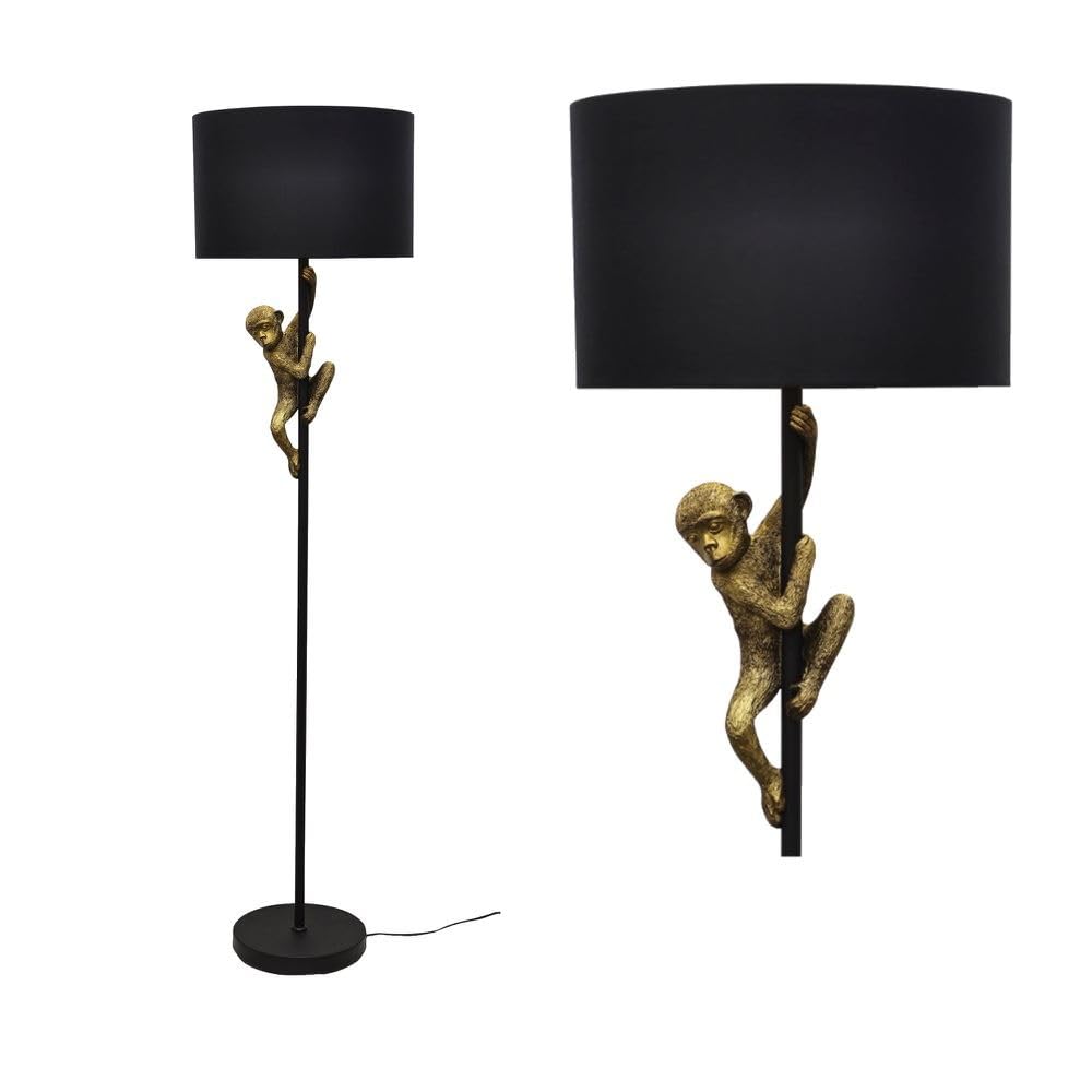 Firstchoicelighting Black Gold & Monkey Floor Light Standing Lamp, Fabric Shade, Height 150Cm, Retro Animal Lighting