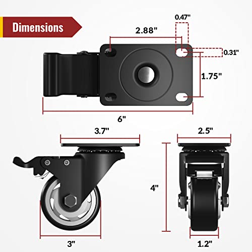 Holkie 3 Inch Caster Wheels, Industrial Casters, Heavy Duty Swivel Casters With Safety Brake Total Capacity 1000Lbs (Pack Of 4) #TOP1