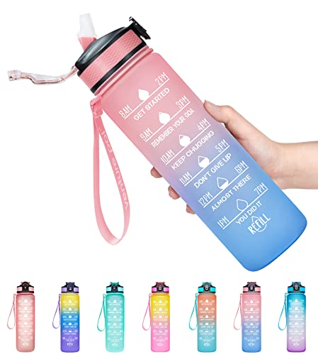 Image of Venture Pal Water Bottle With Straw, 32 Oz Water Bottles With Times To Drink,Motivational Water Bottle With Time Marker To Inspire You Drink More Water (Plastic, Pack Of 1, Pink Blue), 32 fluid ounce