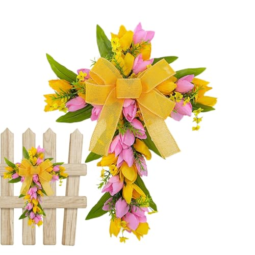 Coronas de Pascua para puerta de entrada - corona de corona para puerta | Católico arte de pared Guirnalda, corona navideña con anillo artificial, corona con tulipán cruz para la puerta