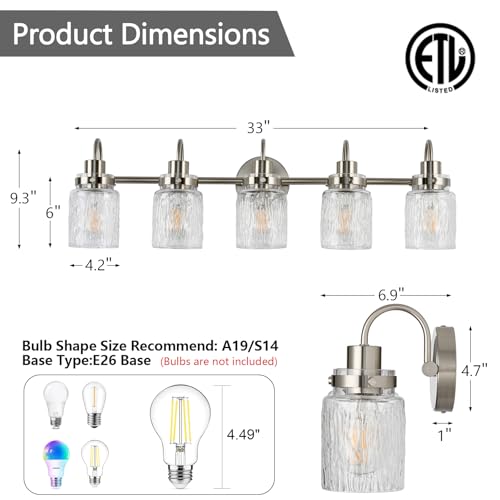 Image of 5 Lights Hammered Glass Bathroom Vanity Light,Brushed Nickel | Easy Installation,Up or Down,Farmhouse Modern Style,E26 Socket,ETL Certification