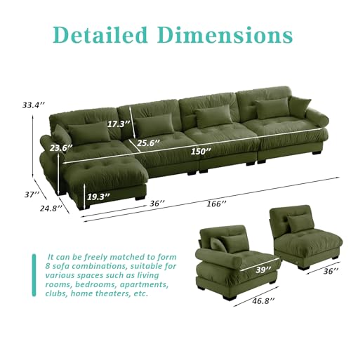 Image of SoarFlash Sectional Couches for Living Room, L Shaped Sofa Couch with Velvet Fabric, 4 Seat Modern Sofa with Ottoman, Removable Pillows for Apartment, Green