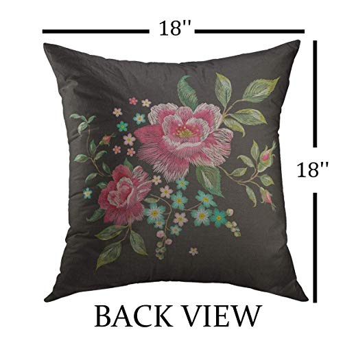 Mugod Decorative Throw Pillow Cover For Couch Sofa,Oriental Floral Pattern With Pink Roses Traditional Embroidered Patch Flowers On Black Asian Home Decor Pillow Case 18X18 Inch #TOP1