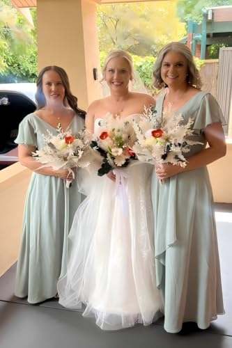 Image of V Neck Bridesmaid Dress with Sleeves Ruched Ruffles Side Slit Long Formal Dresses for Women DIN006