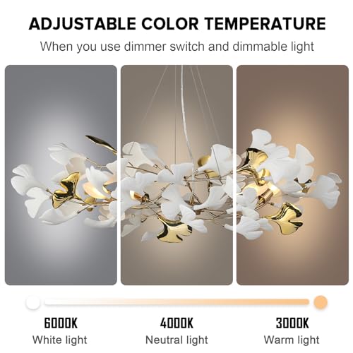 Image of L31.5 Inch Branch Chandelier Ceramic Ginkgo Leaf Chandeliers Brass Hanging Lights Fixtures for Dining Room Living Room Kitchen Island, 5-Light
