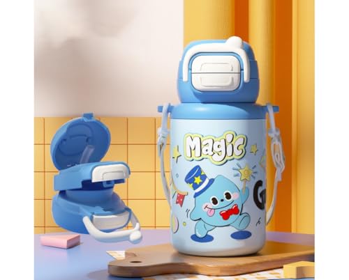 Garrafa de Água Infantil Térmica 500ml com Canudo Antivazamento – Squeeze Escolar para Crianças, Tampa Segura, Livre de BPA (AZUL)