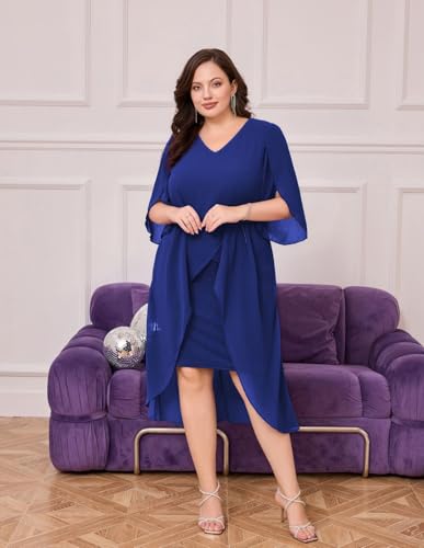Image of Hanna Nikole Womens Plus Size Chiffon Cocktail Dress Ruffle 3 /4 Sleeve Wedding Guest Party Dresses with High Low Hem
