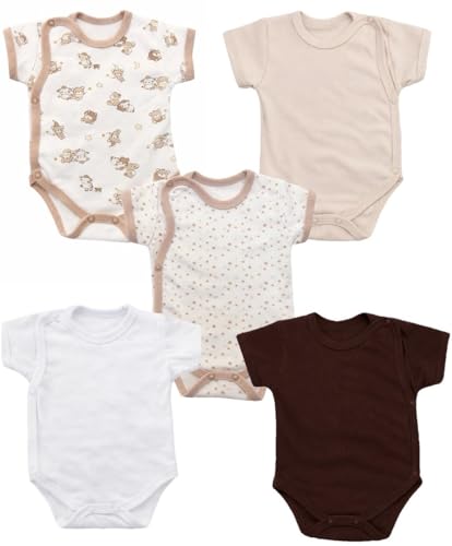 KIDS STYLE Baby Jungen Kurzarm Body Wickeloptik Kurzarmbody Reine Baumwolle Größe: 62 Farbe: SET 1 5er Pack Teddy Beige
