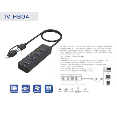 Image of iVOOMi HB04 USB Hub, 2-in-1 Type-C & USB to 4-Port USB 3.0 Hub, 5Gbps High-Speed Aluminium USB Splitter for Laptop, PC, MacBook & Desktop