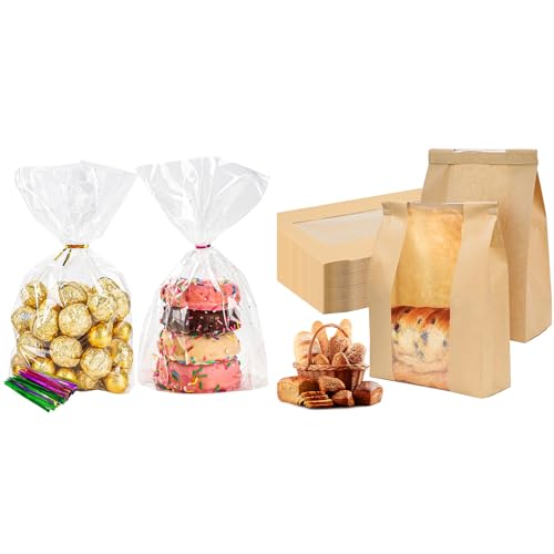 NPLUX Bundle of 100 Pack Cellophane Bags and 150 Pack Sourdough Bread Bags for Toast Sandwich Cookie Snacks Packaging Storage